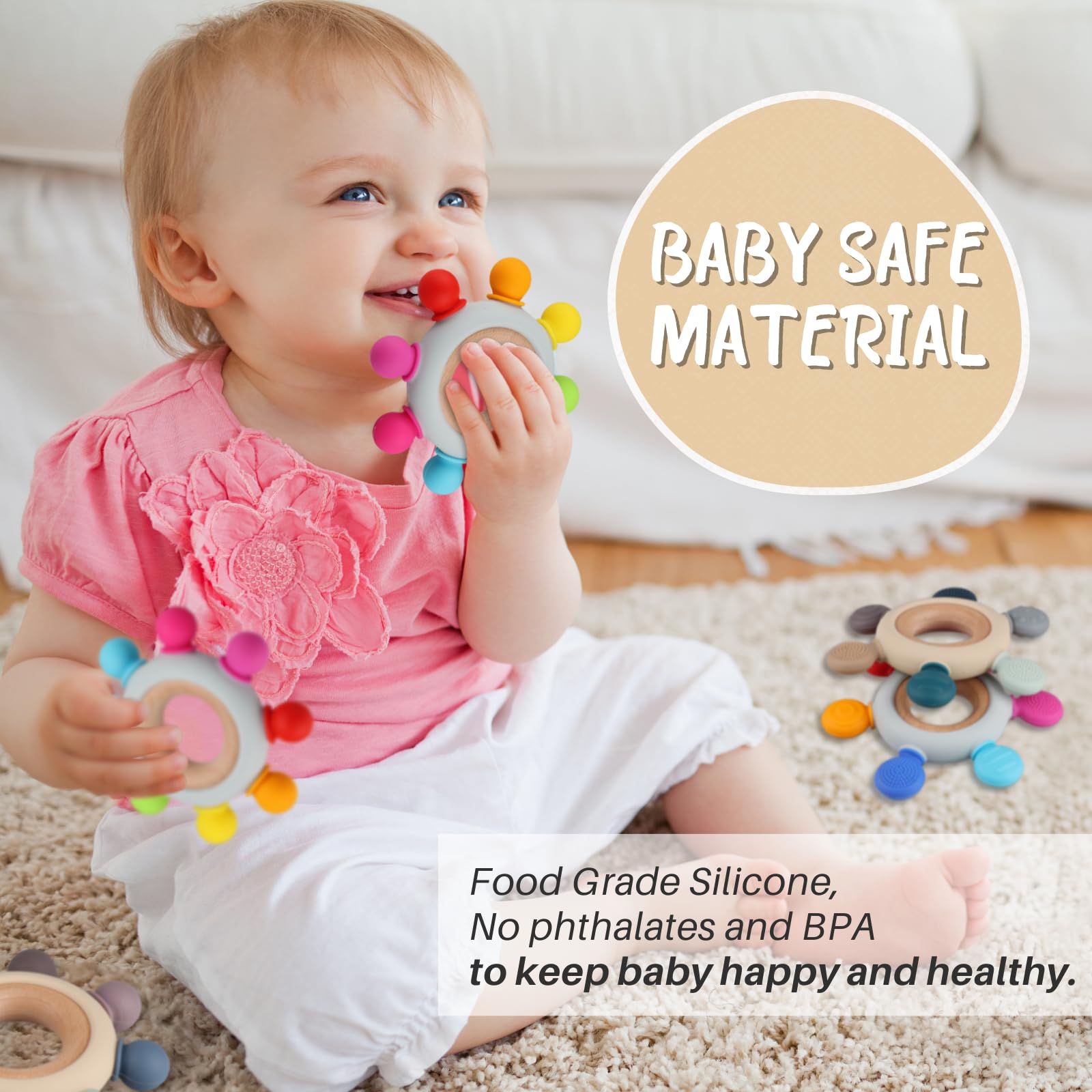 Kalovin wooden ring teether attached to clothing stays within reach for baby.