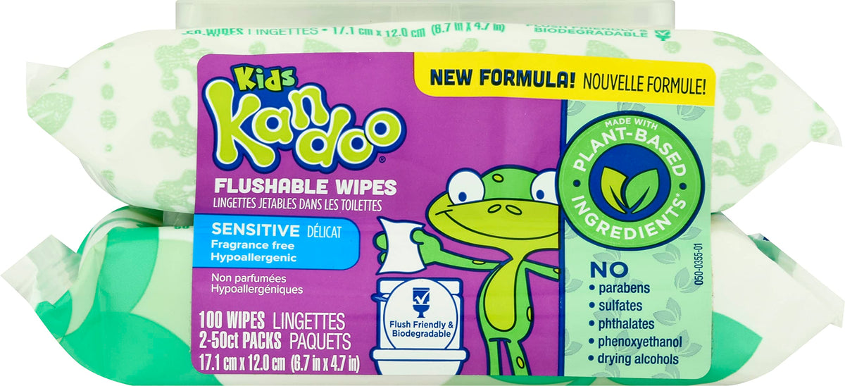 Kandoo flushable wipes with flip-top lid for toddlers, gentle cleanups after messy diaper changes.
