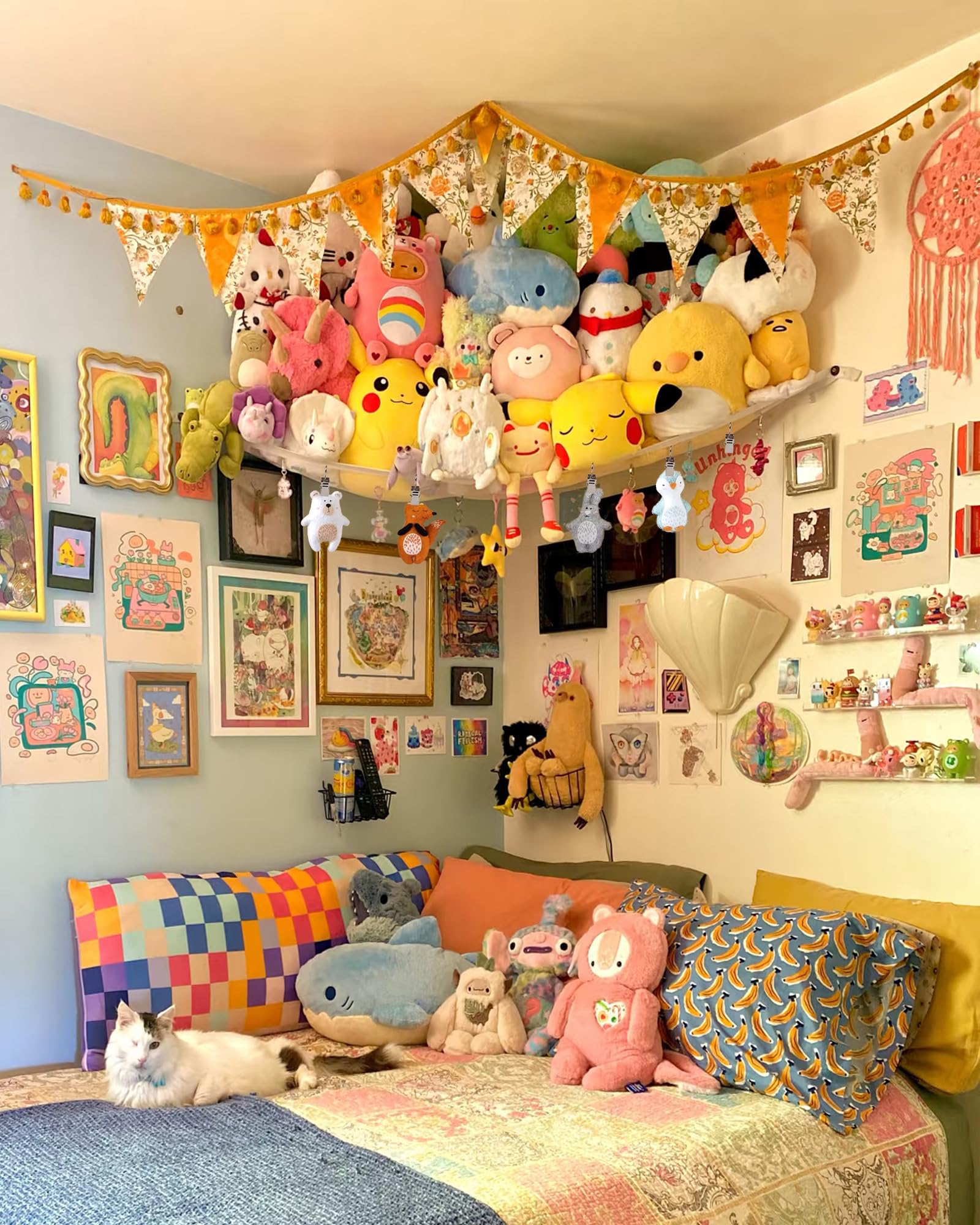 Kangaroo durable mesh hammock demonstrates sturdy construction for dozens of plush toys.