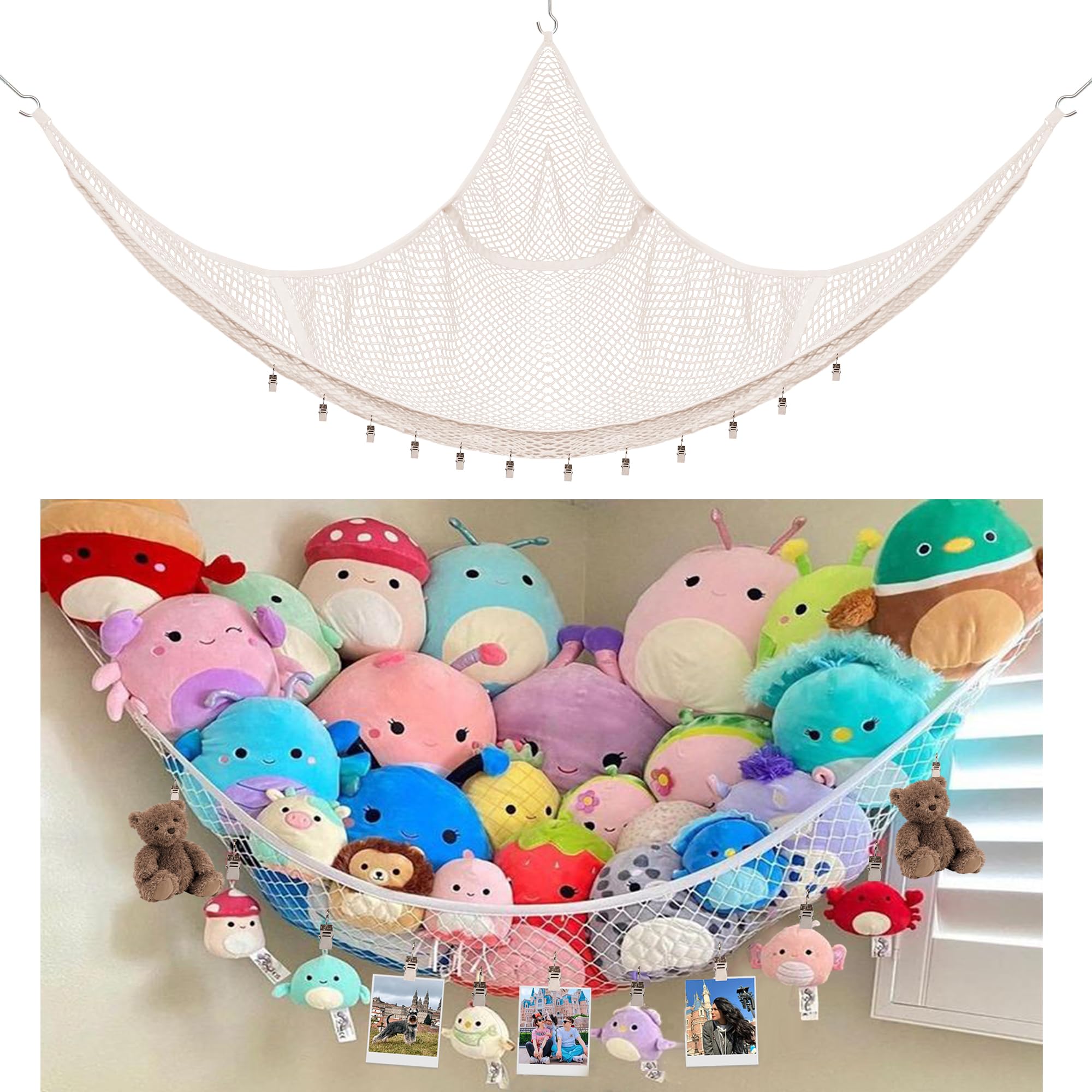 Kangaroo stuffed animal hammock corner setup keeps plushies tidy and accessible.