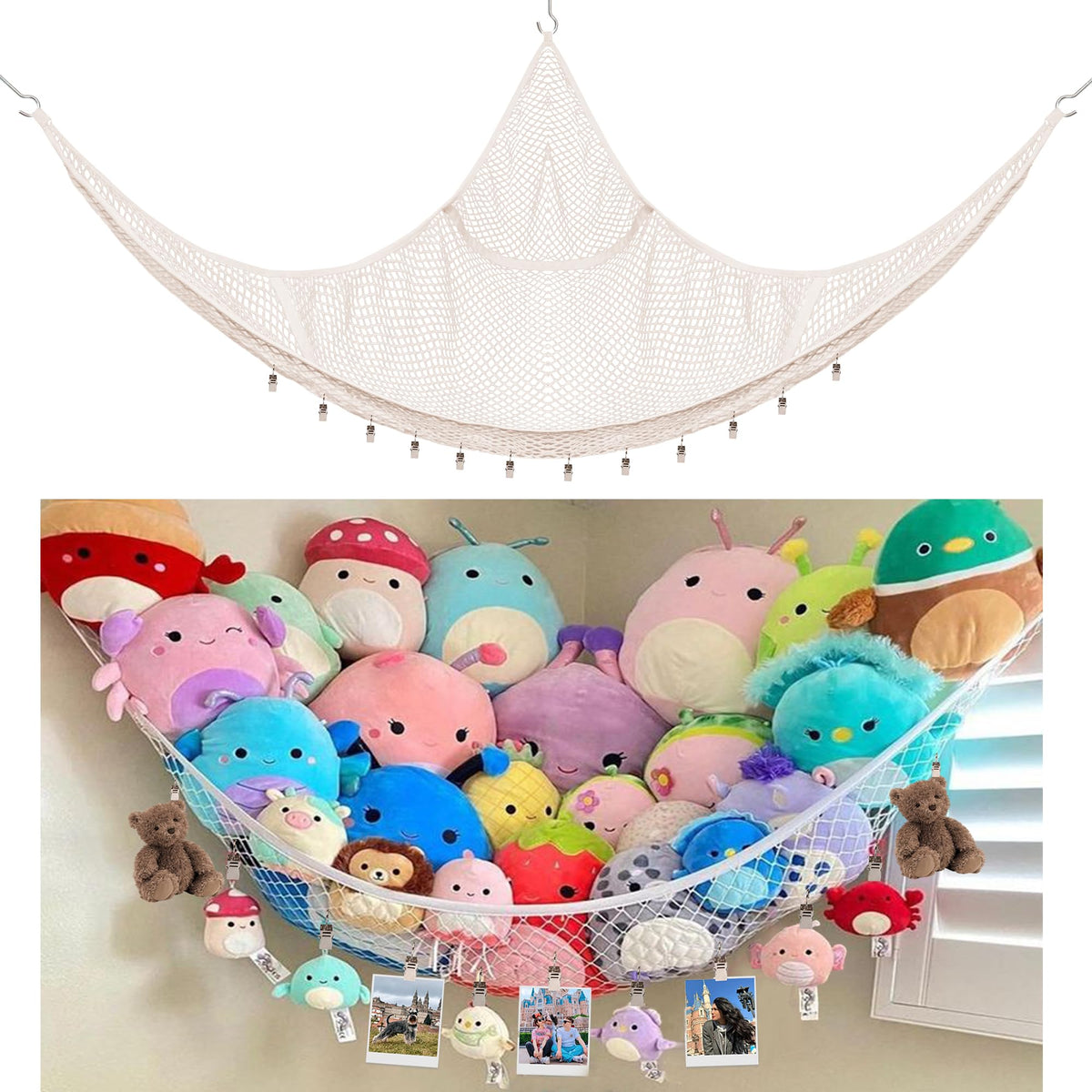 Kangaroo stuffed animal hammock corner setup keeps plushies tidy and accessible.