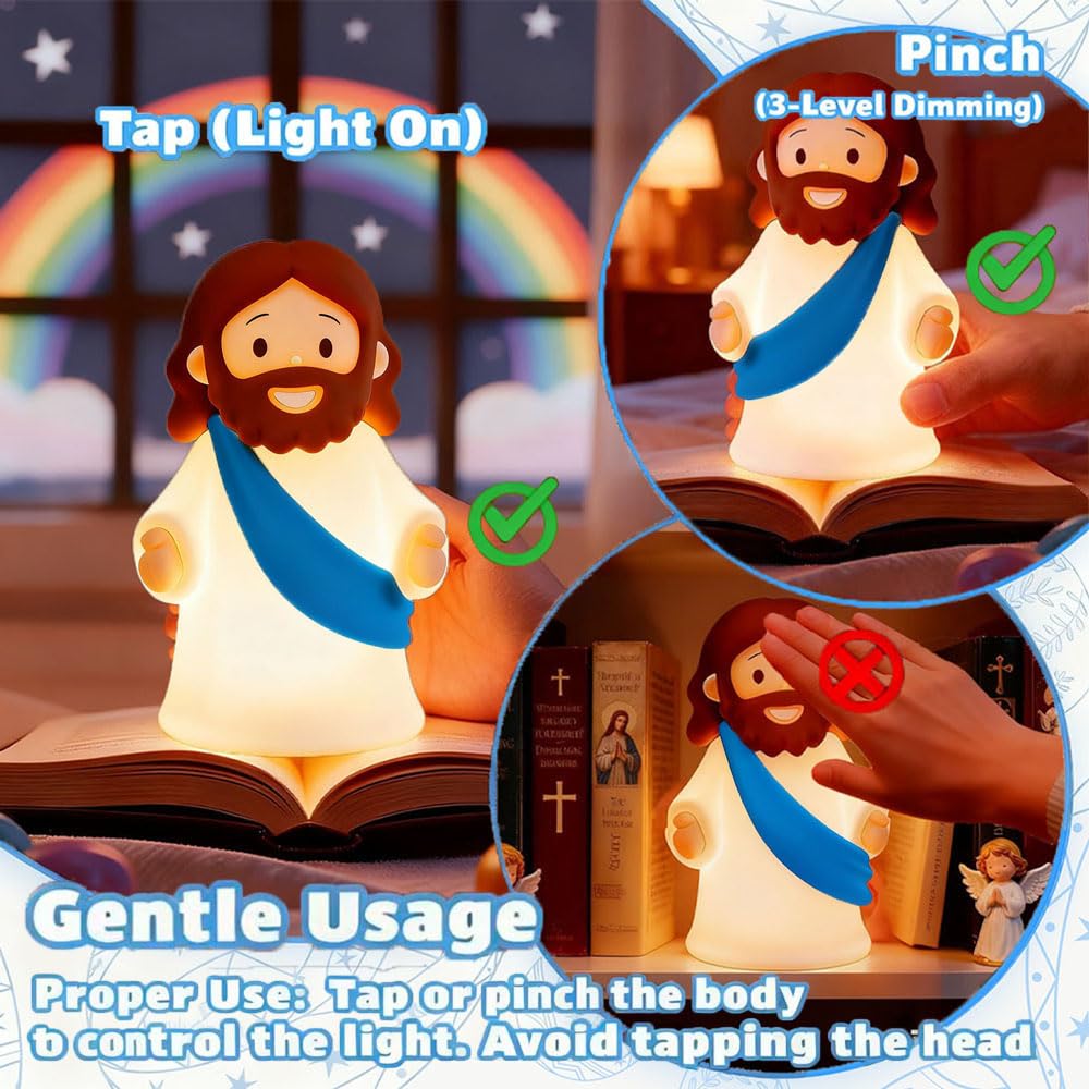Blue-lit Jesus Night Light creates calming atmosphere for bedtime prayers.