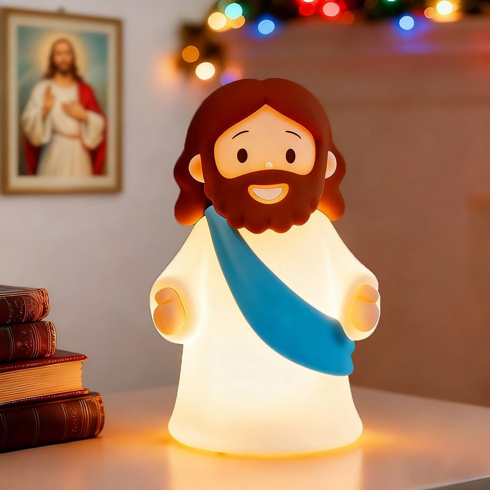 KangTen CHEN Jesus Night Light with blue glow provides a gentle, recharge-ready bedside glow.