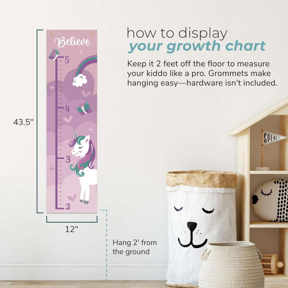 Karisma Decor growth chart with silver grommets for easy hanging in a child's space.