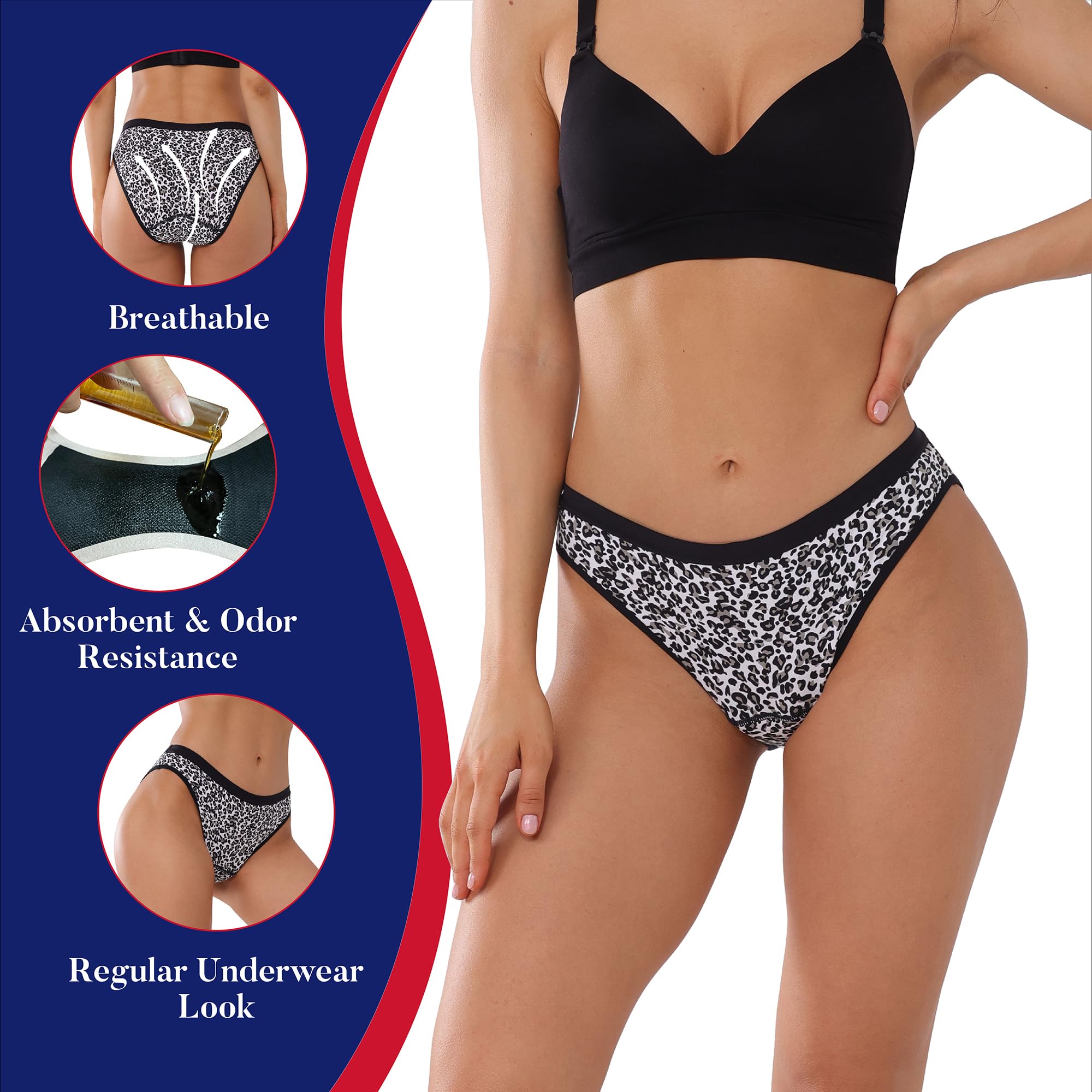 KARSWATT leopard high-waist leak-barrier highlights all-day dryness potential.
