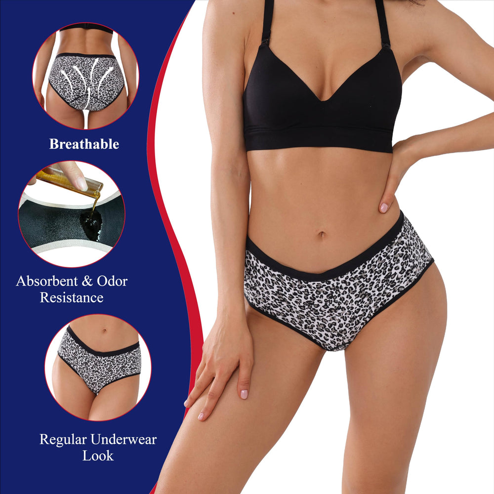 KARSWATT leopard leak-proof underwear stops leaks with secure leg gusset protection.