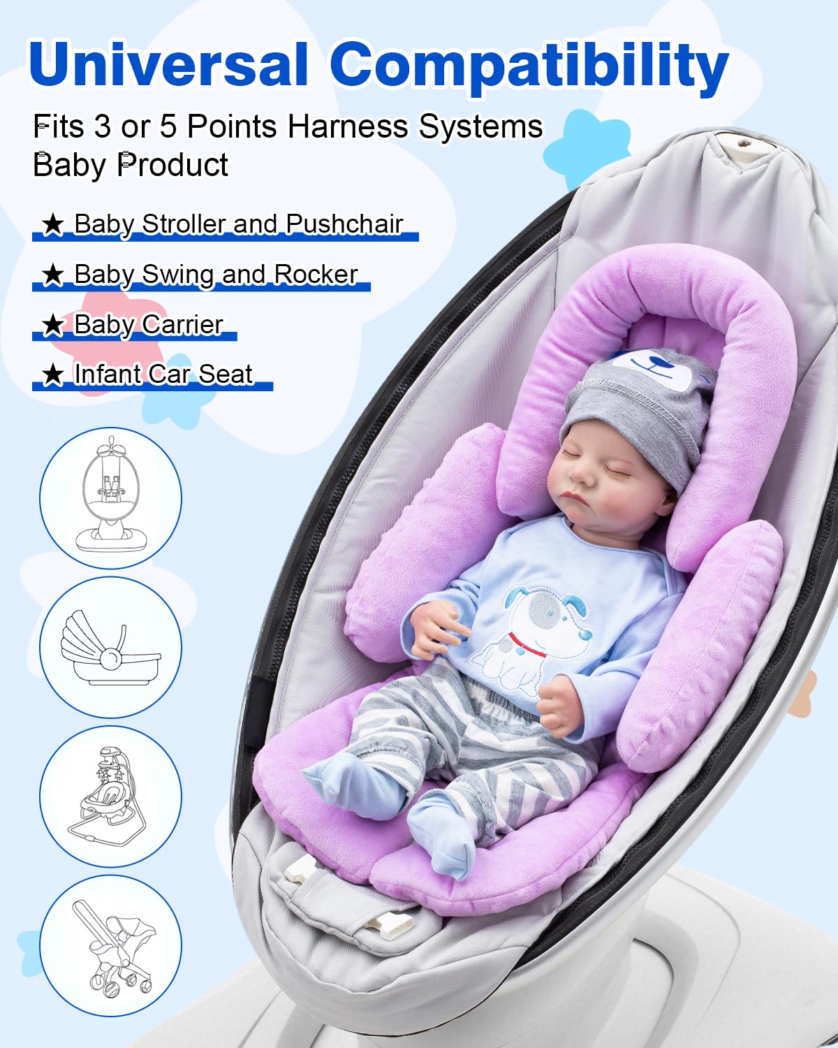 Kaseeous ergonomic head-neck-body support promotes stable posture for 0–12 months.
