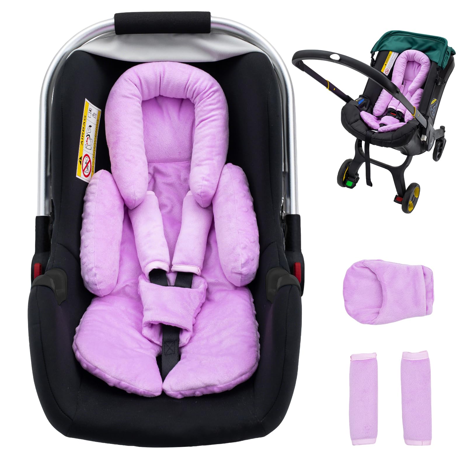 Kaseeous infant car seat insert with shoulder pads shows protective coverage for tiny shoulders.