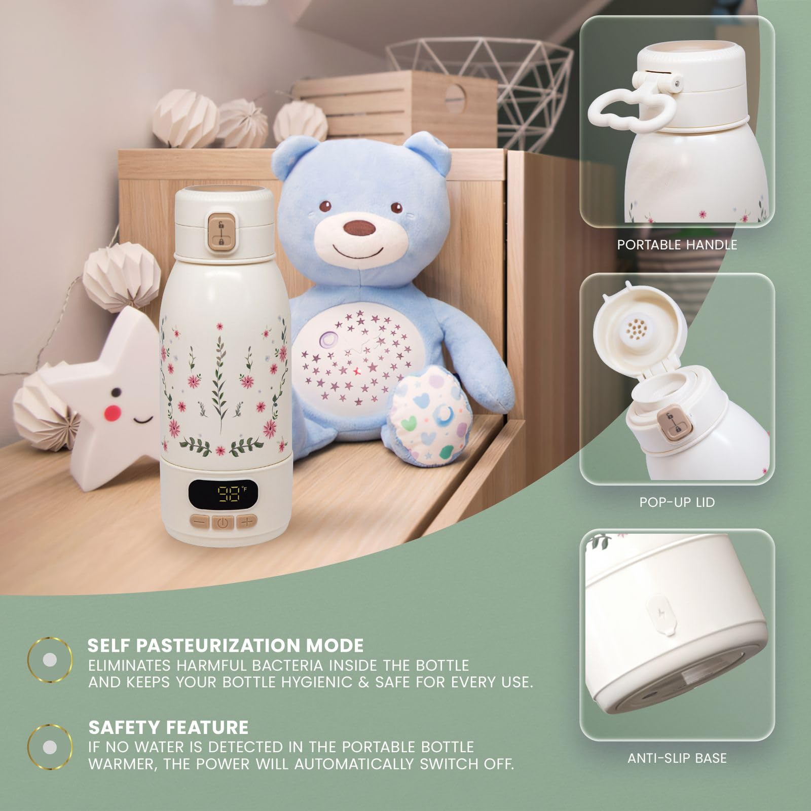 KASEY MAE cord-free design supports airline and car travel.