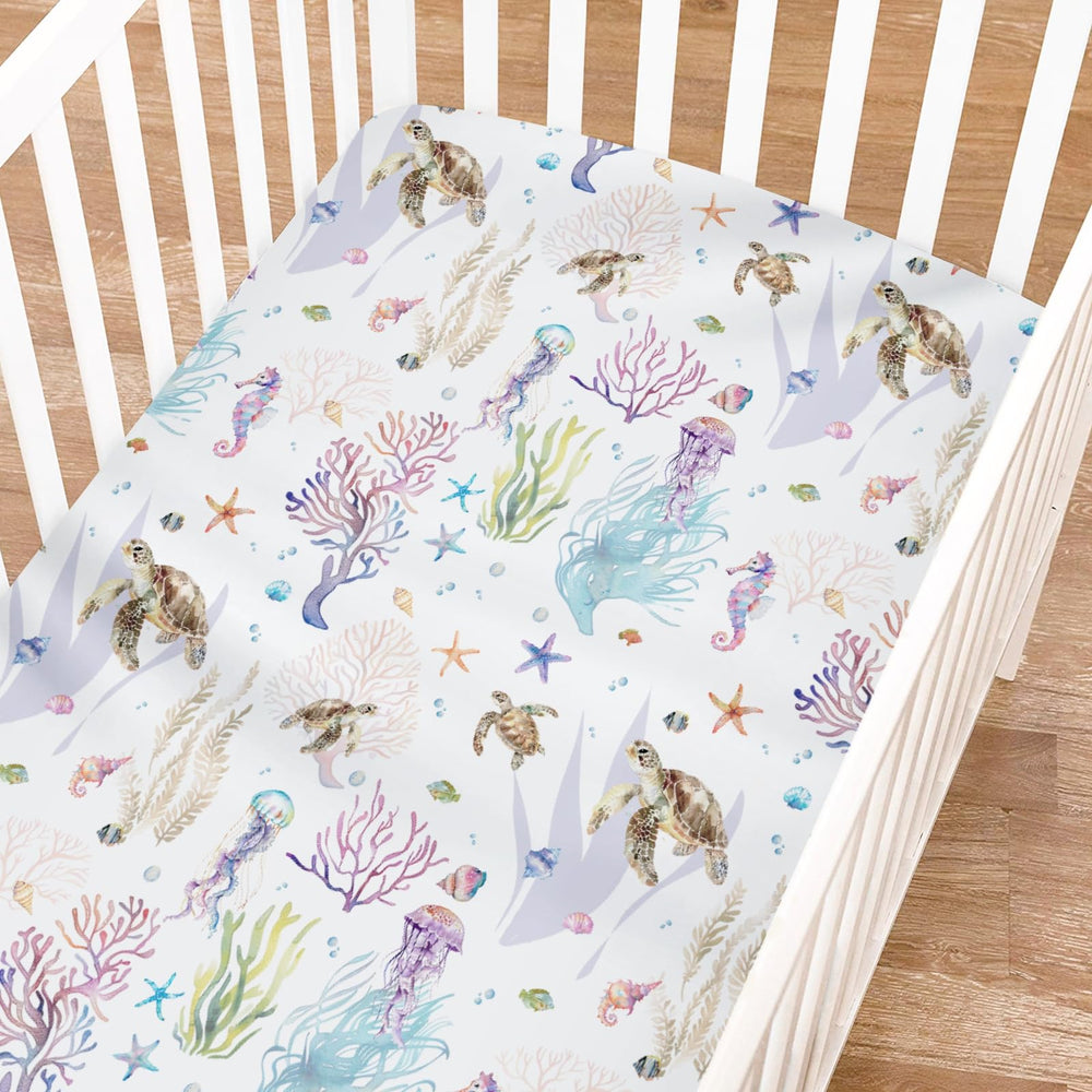 KASTLEE sea horse crib sheet highlights vibrant pattern and breathable comfort for peaceful naps
