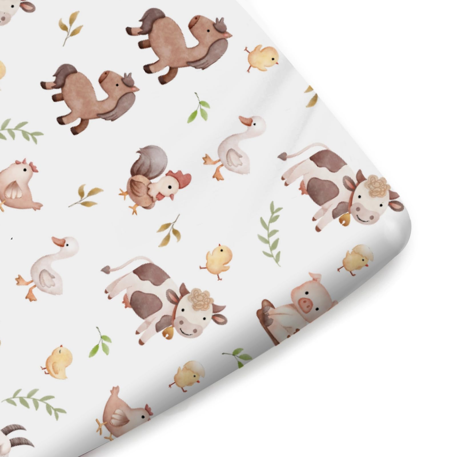 KASTLEE watercolor farm life chick crib sheet; bright pattern and cozy feel for naps.