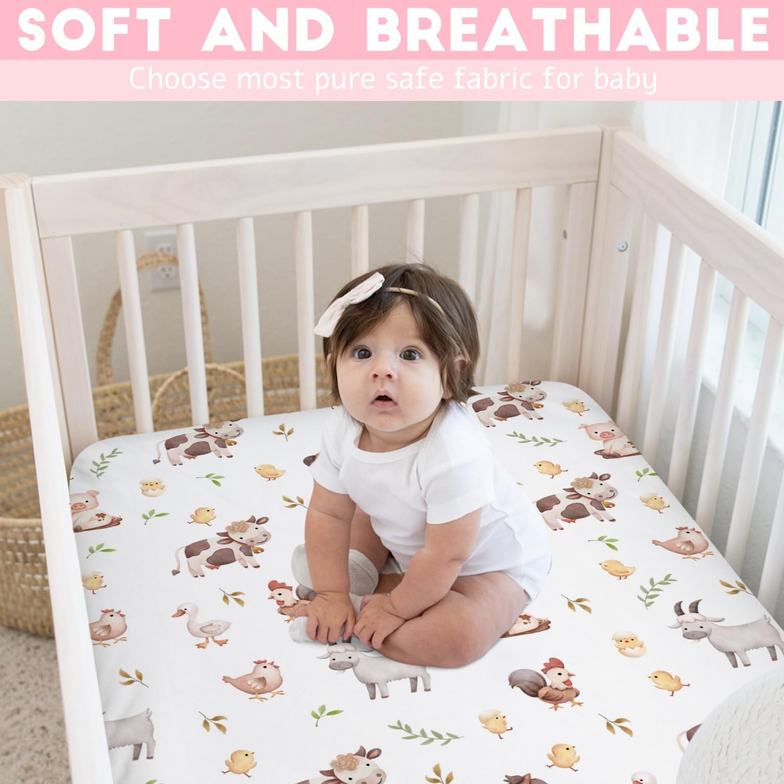 KASTLEE watercolor farm life full pattern crib sheet; fits standard mattresses with 360-degree coverage.