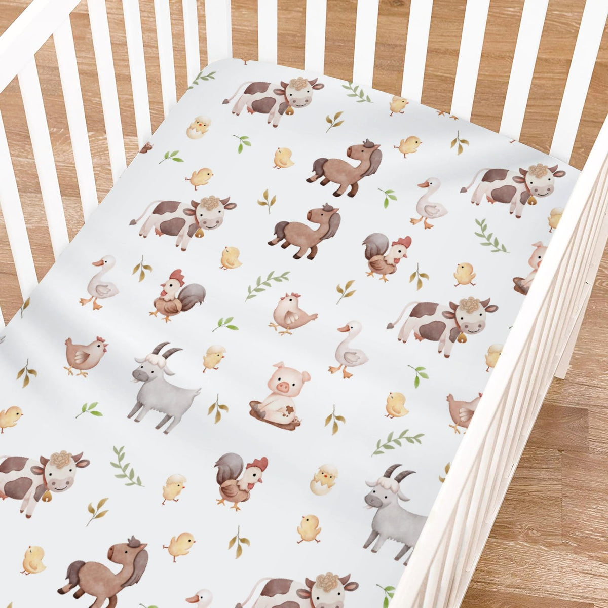 KASTLEE watercolor farm life pig crib sheet; soft, breathable fabric for comfy naps.