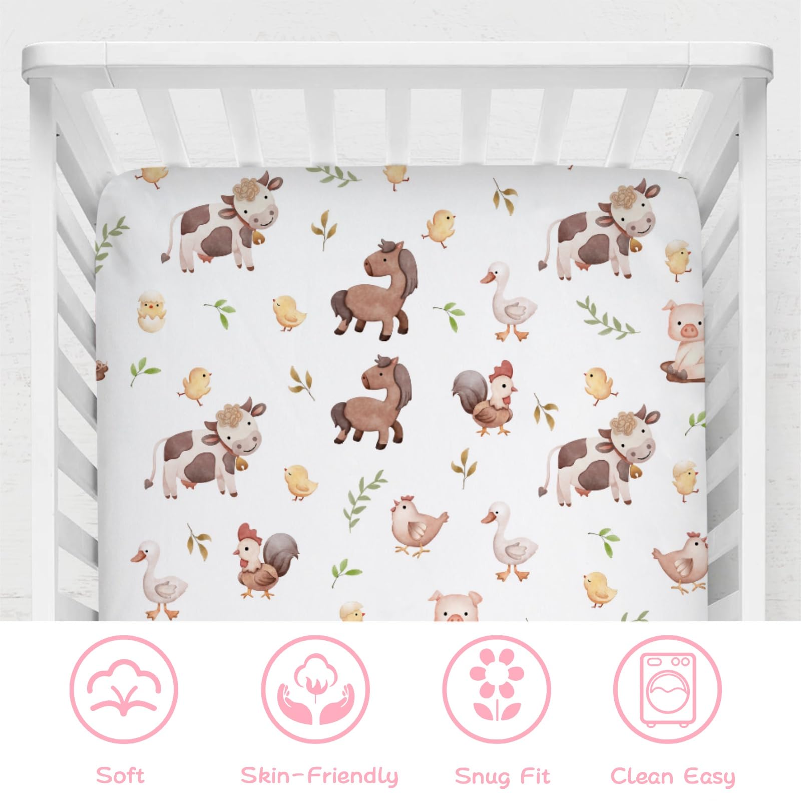 KASTLEE watercolor farm life rooster crib sheet; cheerful motif and snug fit.