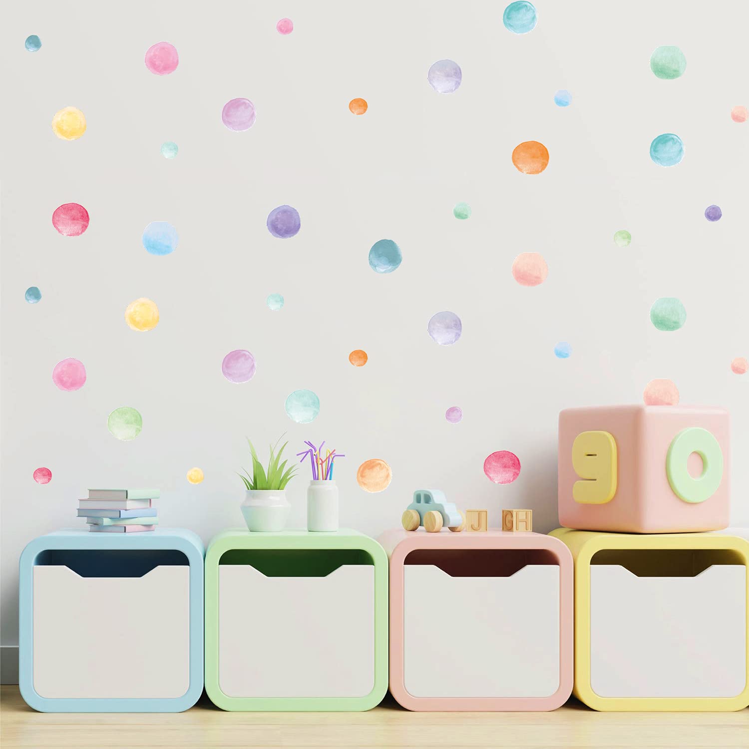 Kasubeso pastel polka dots wall stickers offer easy peel-and-stick in kids' rooms.