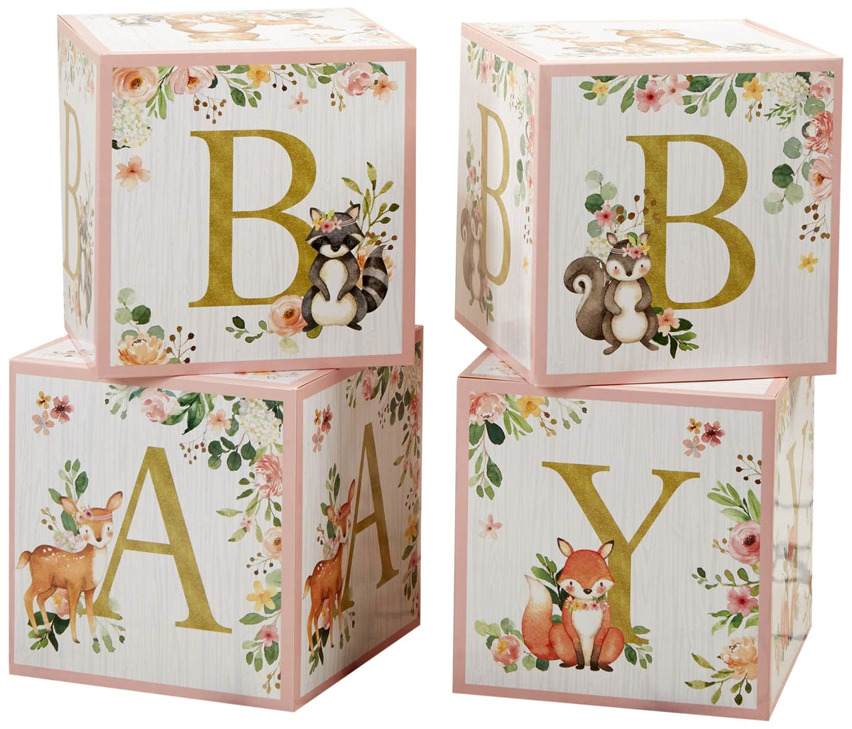 Kate Aspen Pink Woodland Baby Boxes with Letters showcase woodland animals for charming baby shower decor.