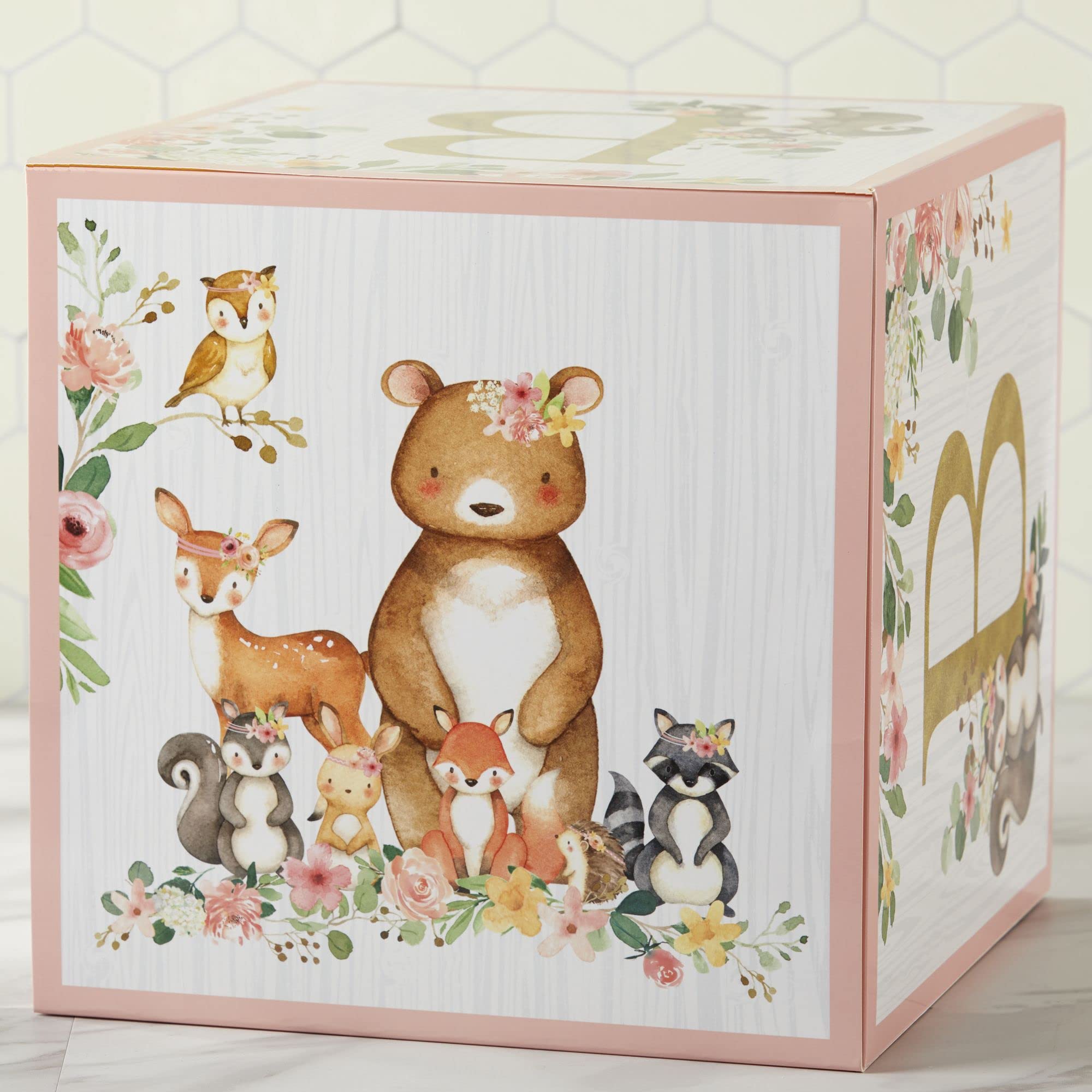 Kate Aspen Pink Woodland Baby Boxes serve as a versatile photo prop at showers.