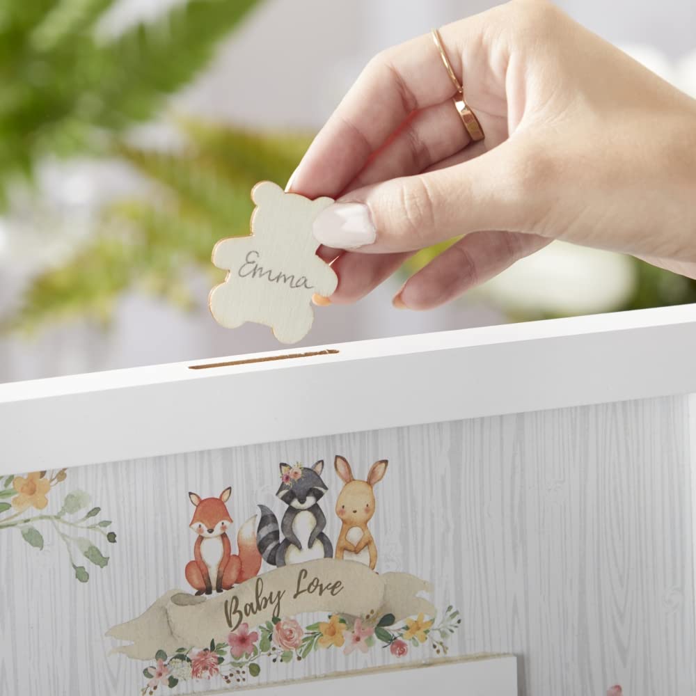 Kate Aspen wooden teddy bear inserts invite guests to sign keepsakes.