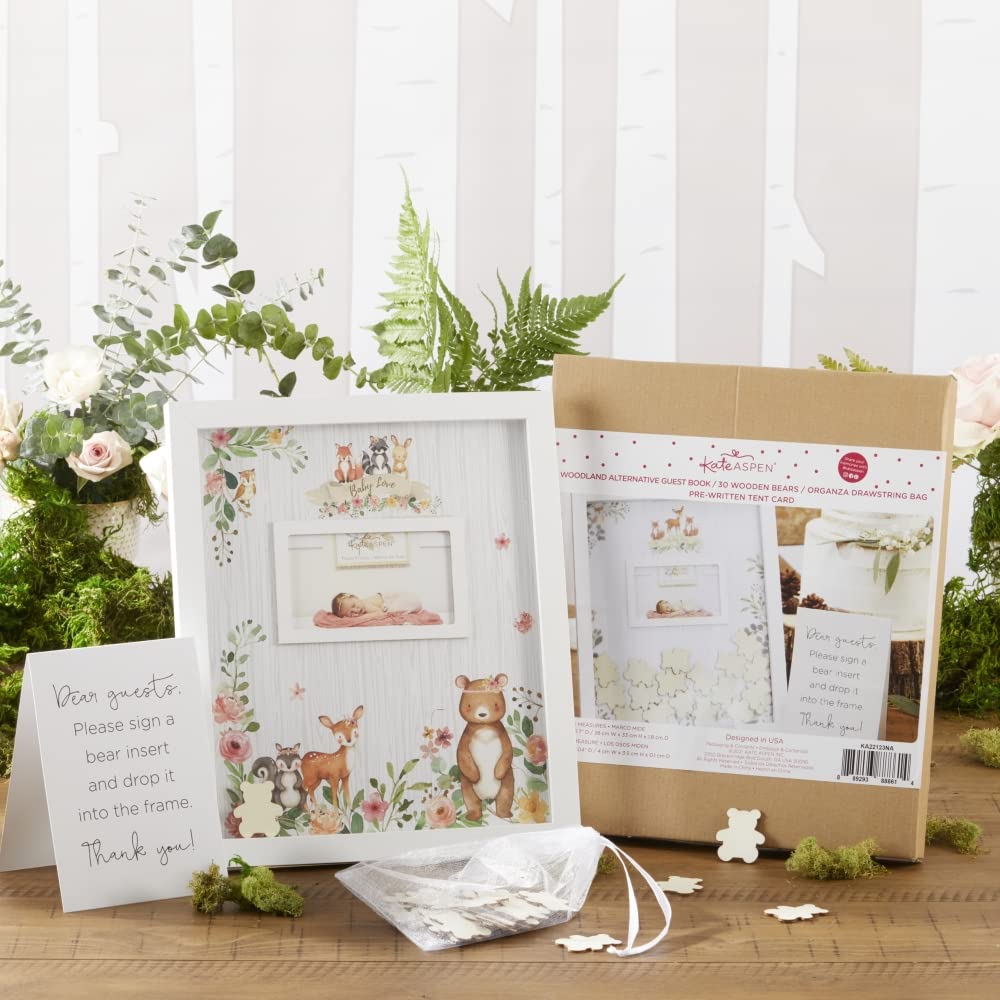 Kate Aspen woodland creatures illustration enhances rustic baby shower decor.