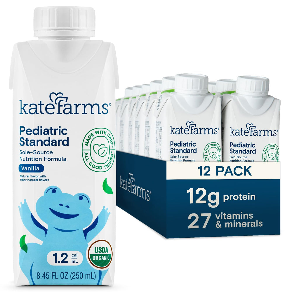 Kate Farms Organic Pediatric Vanilla Shake bottle highlights plant-based protein for kid nutrition.