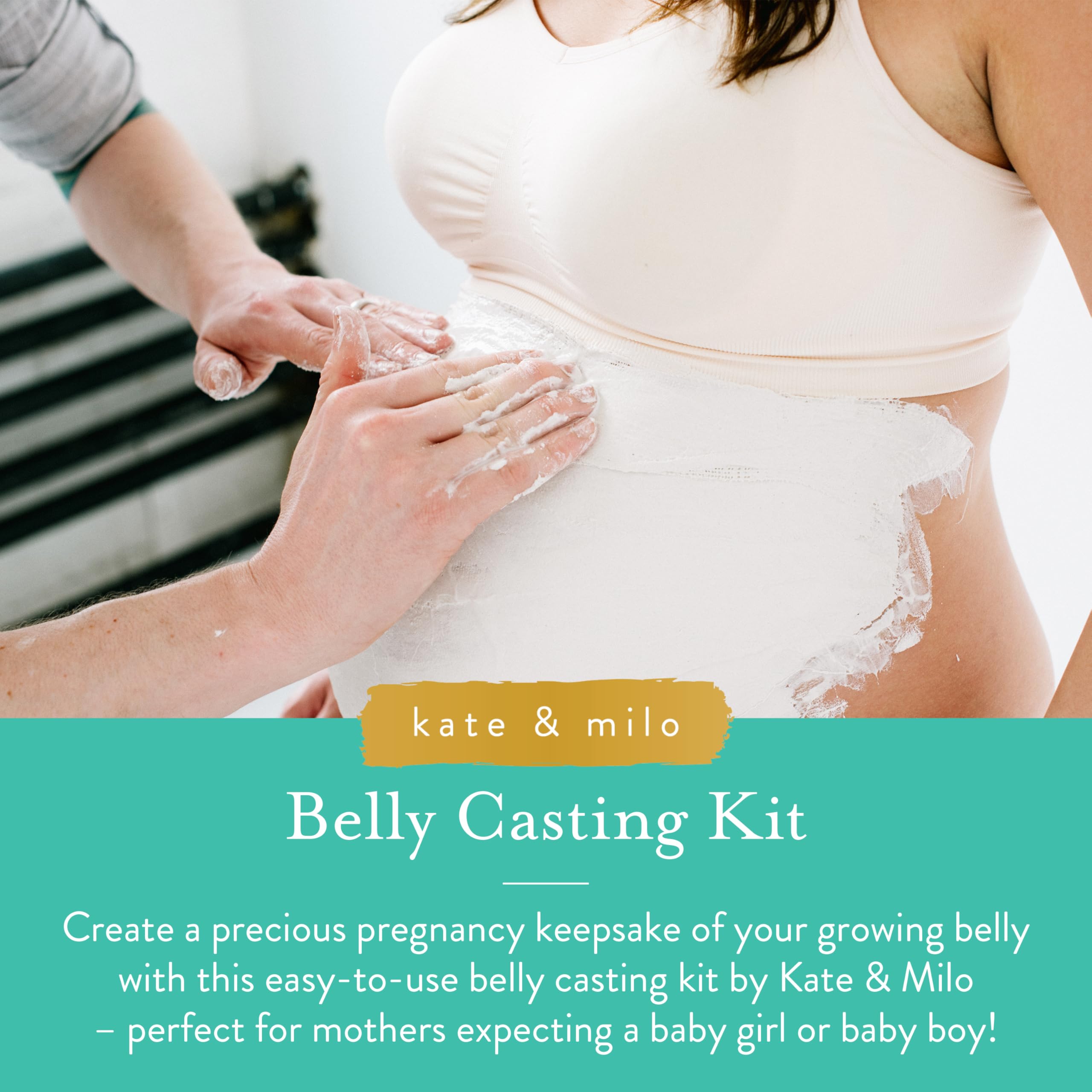 Kate & Milo belly casting kit materials laid out, highlighting easy-to-use components for moms-to-be.