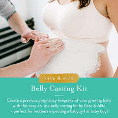 Kate & Milo belly casting kit materials laid out, highlighting easy-to-use components for moms-to-be.
