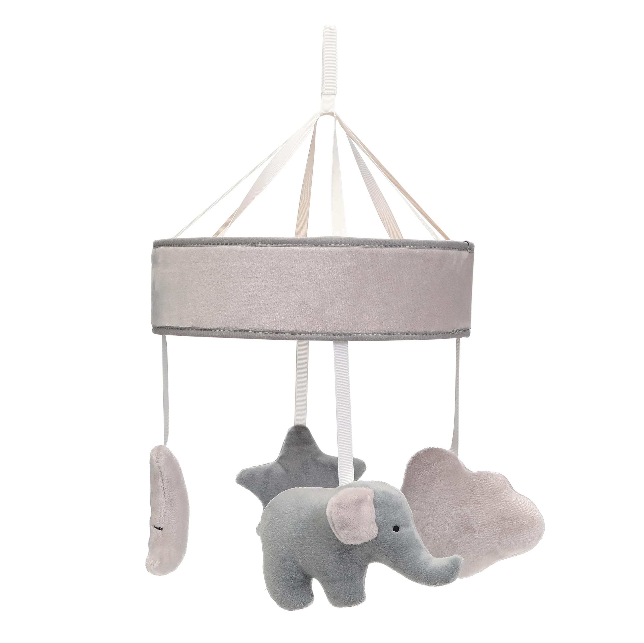 Kate and Milo elephant mobile over crib with plush shapes for visual stimulation.