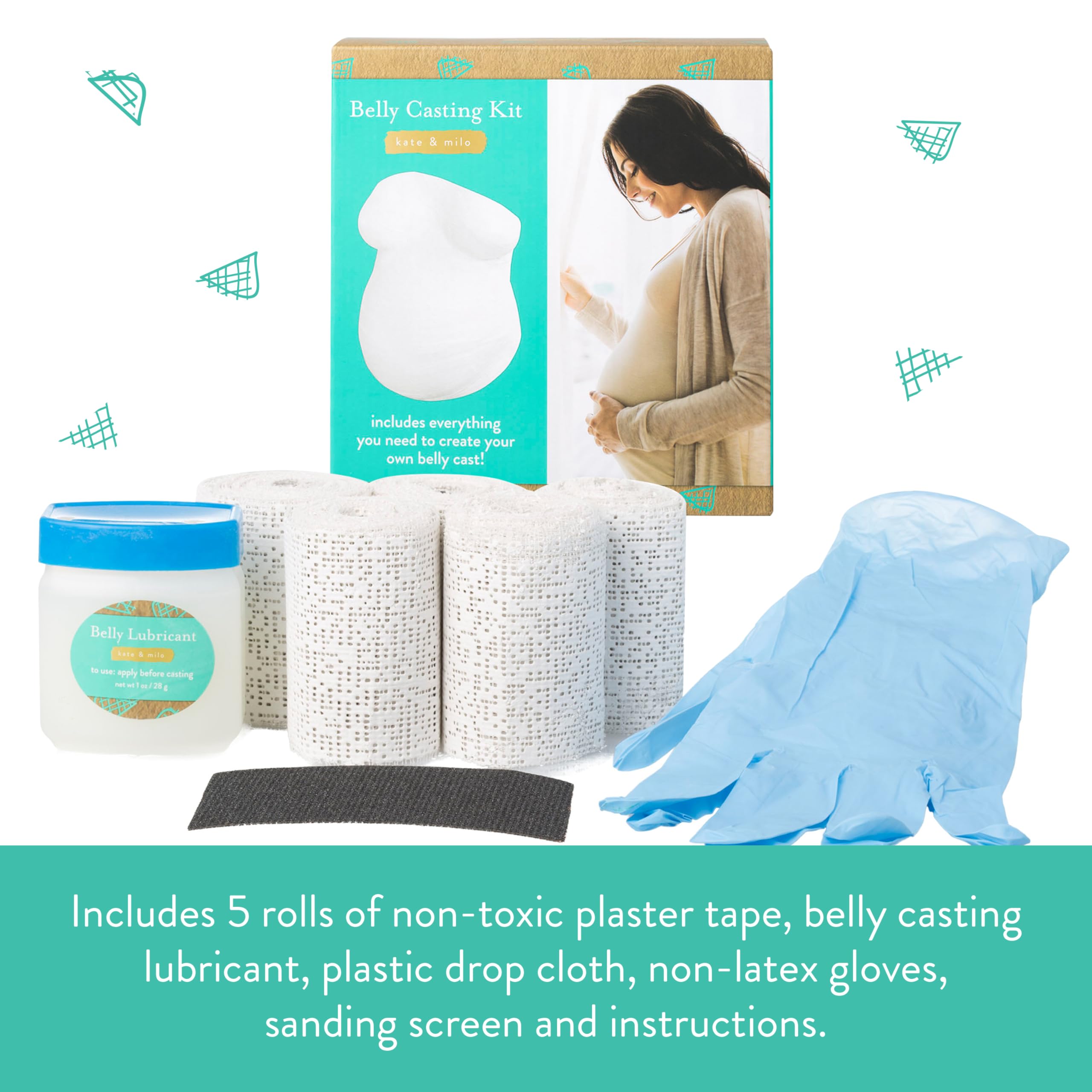 Kate & Milo non-toxic plaster tape rolls arranged for a smooth belly cast experience.