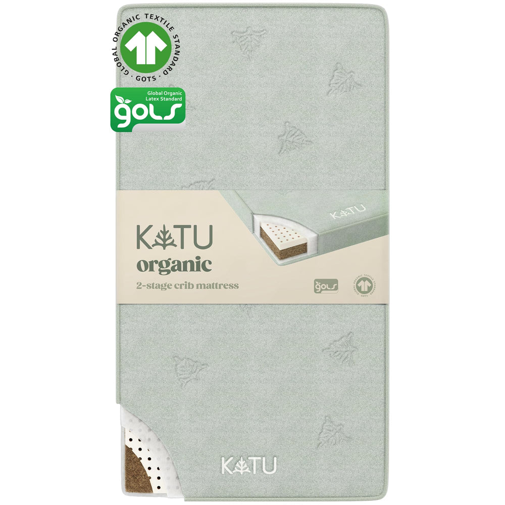 KATU organic latex-coconut 2-stage crib mattress, front view, plastic-free sleep surface.