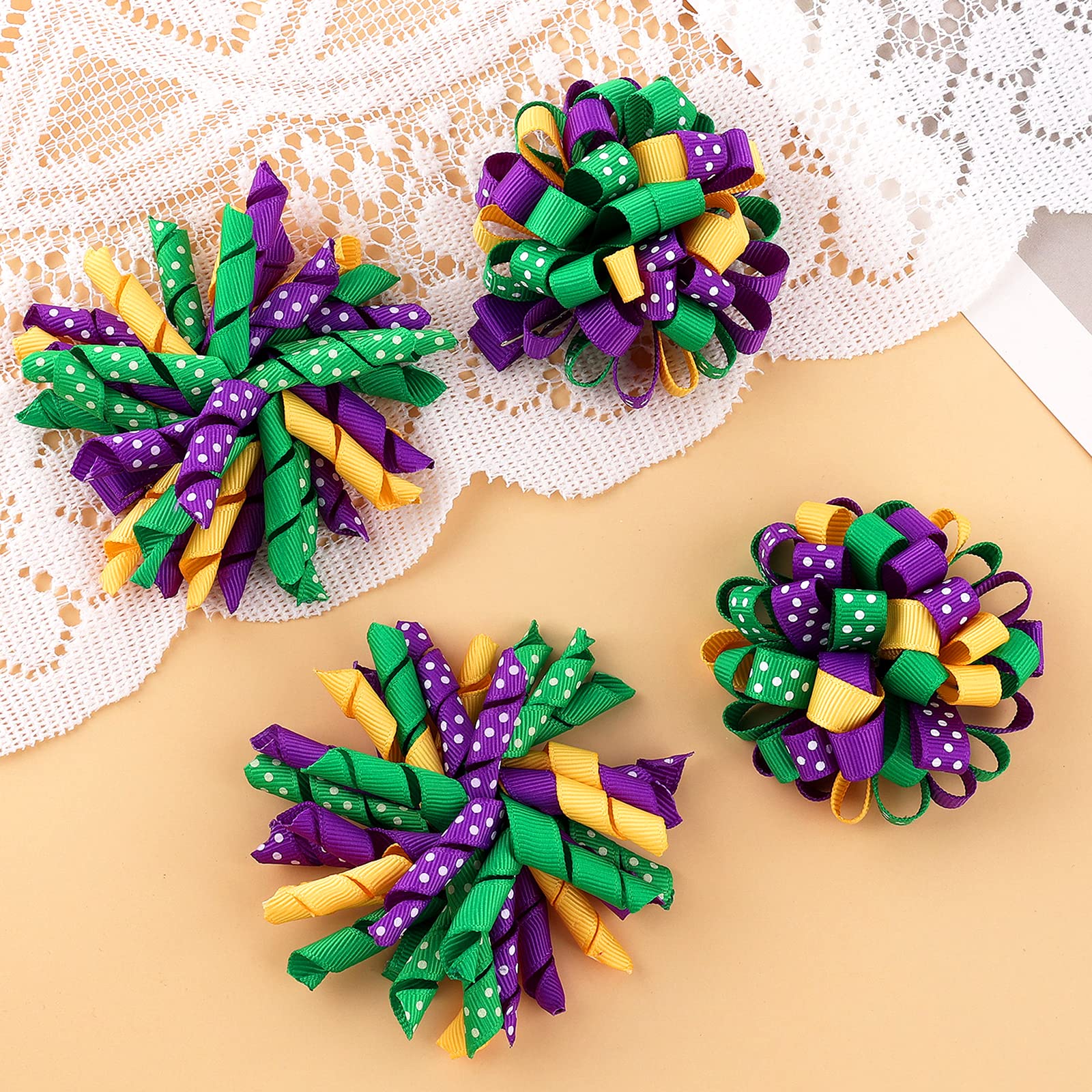 KCHIES curly korker bow hair clip with purple-gold-green colors and polka dots