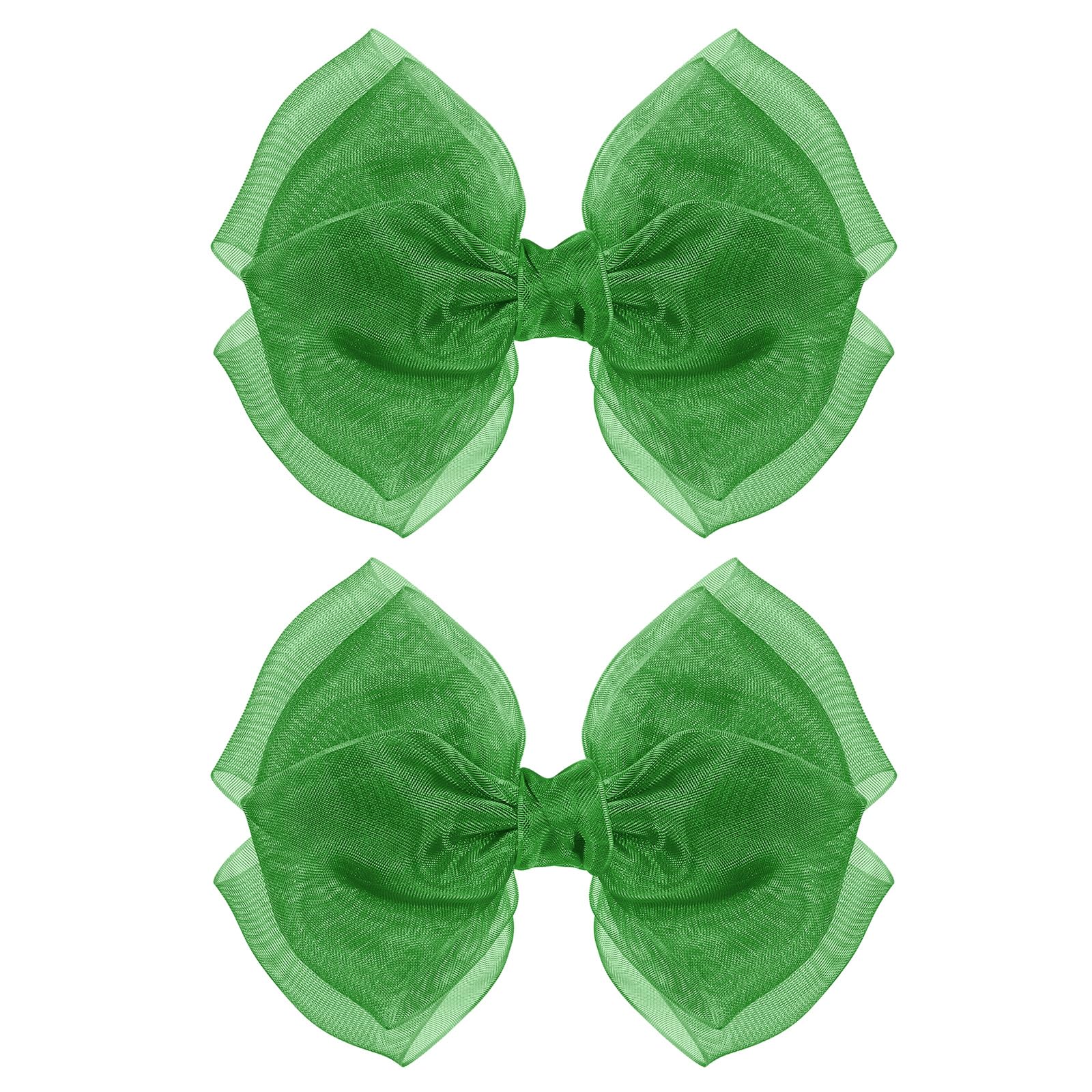 KCHIES emerald-green organza double bow with alligator clip for secure, stylish hair.