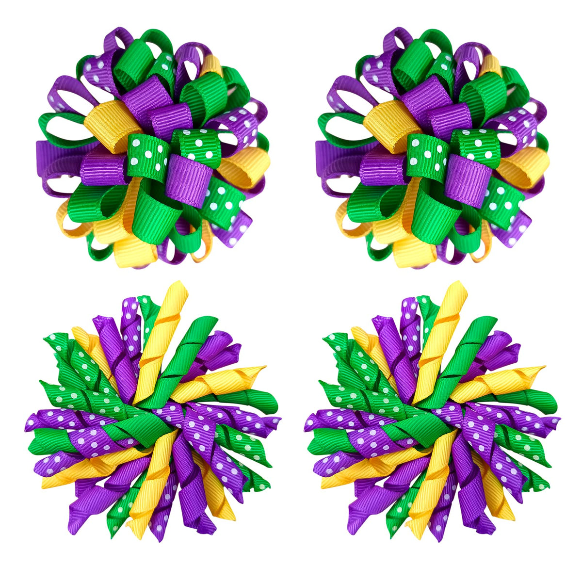 KCHIES Mardi Gras korker bows on a purple-gold-green clip, secure and party-ready
