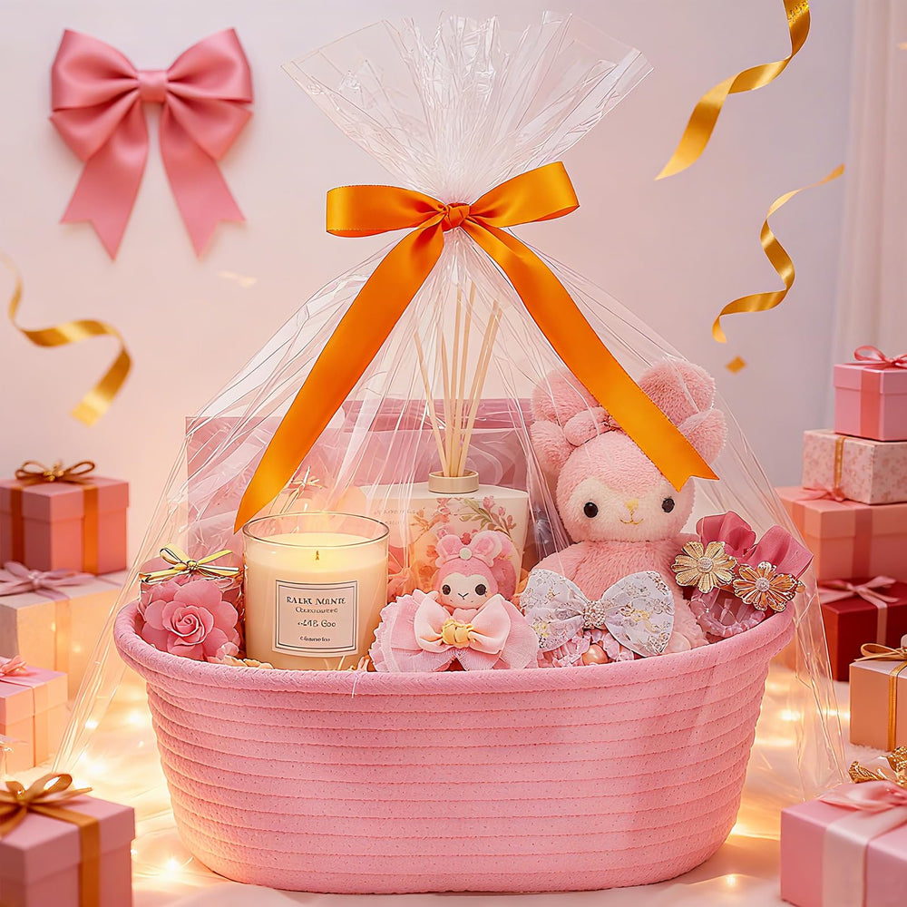 KCKLYY pink organic cotton woven basket showcasing soft storage