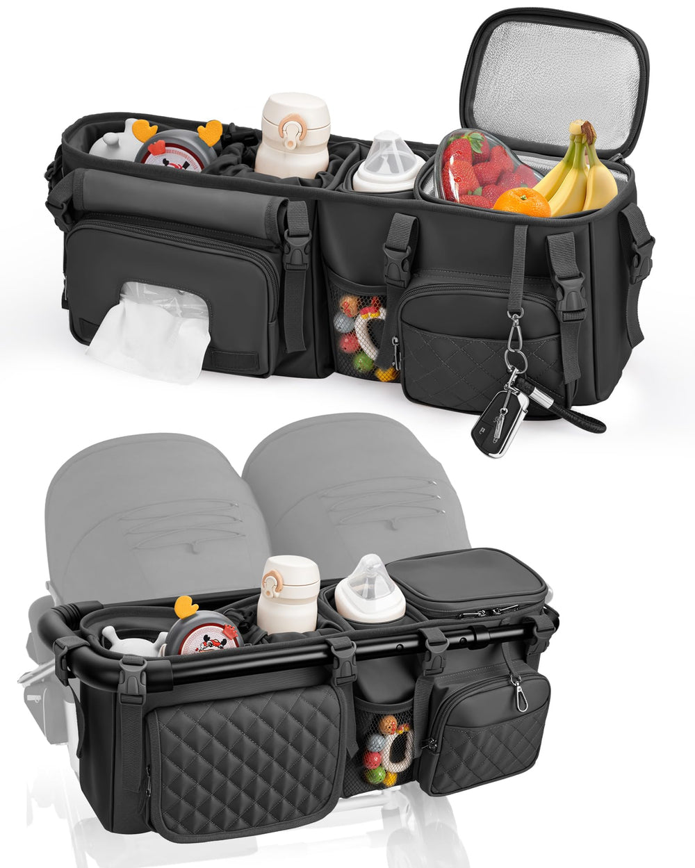 kcross double stroller organizer closeup shows durable construction for busy parents on the go