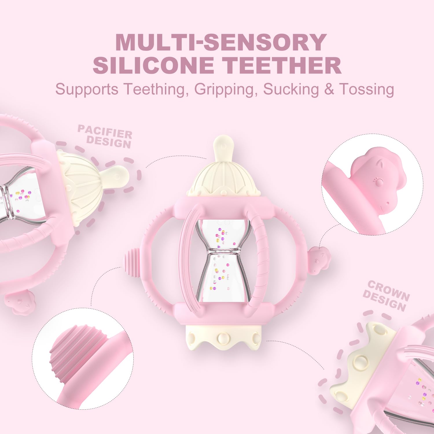 KDTOMOY Montessori-inspired baby toy rattle for early learning in pink.