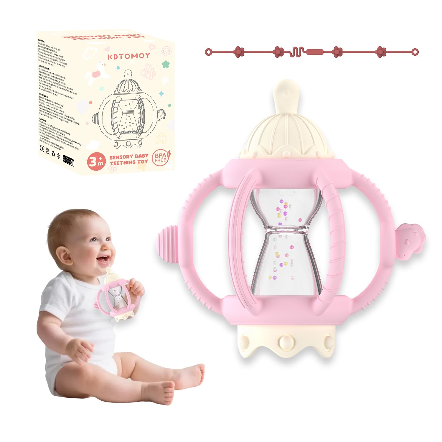 KDTOMOY teething rattle in pink with pacifier for soothing gums.