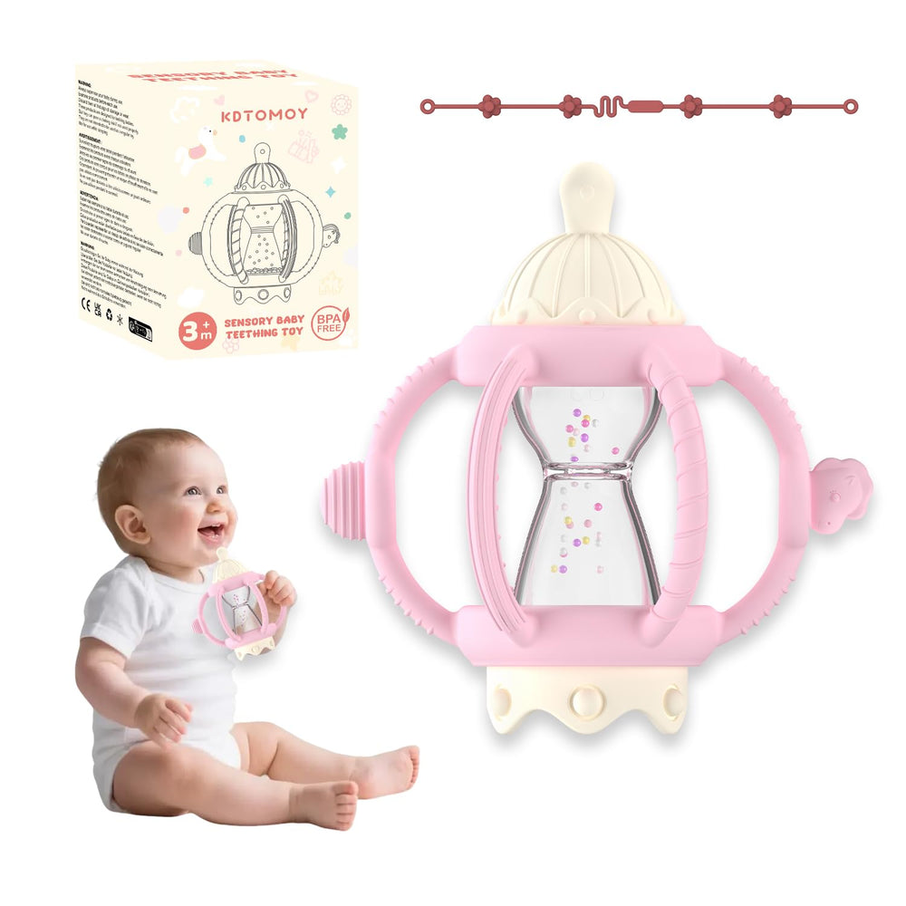 KDTOMOY teething rattle in pink with pacifier for soothing gums.