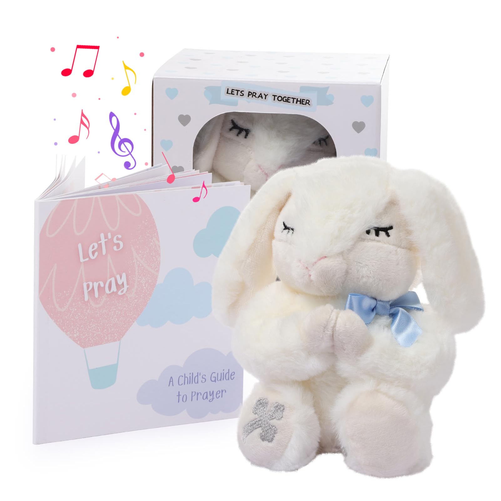 KDVOG praying bunny 7inch blue plush, a soft baptism keepsake for baby.