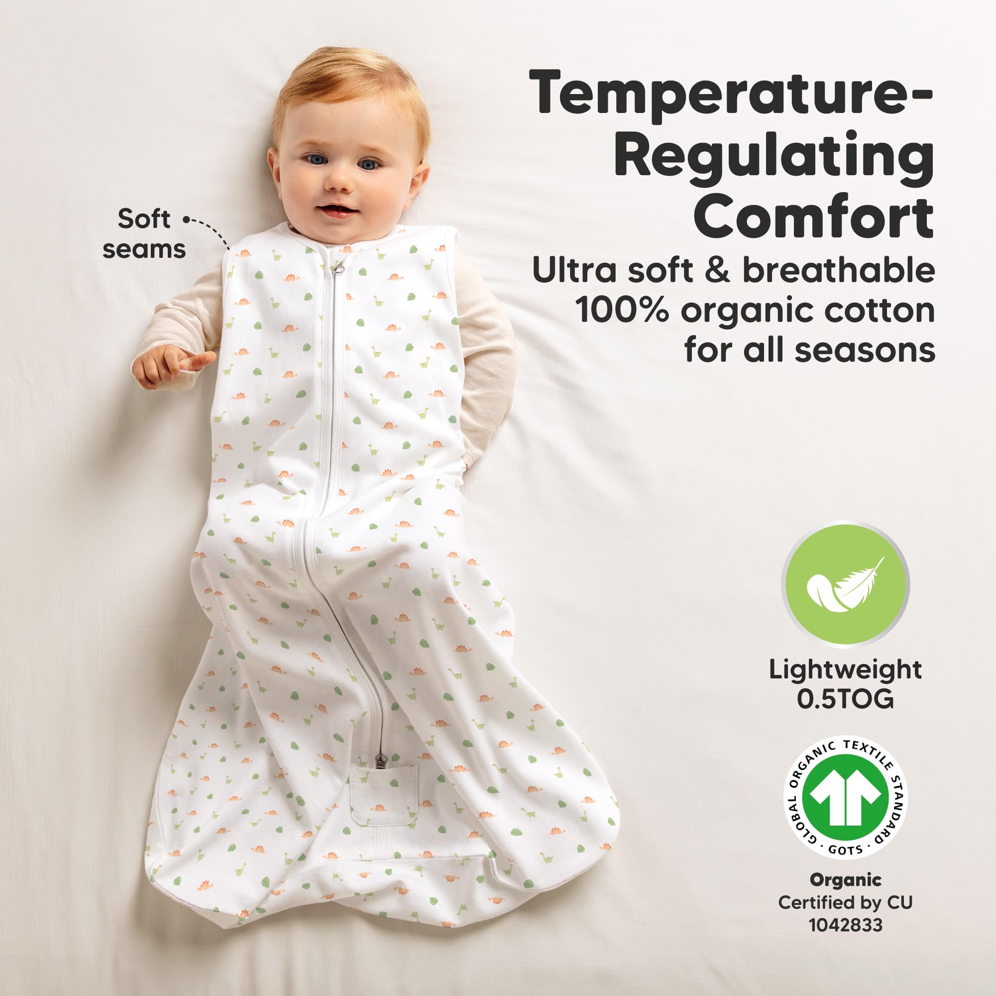KeaBabies 0.5TOG organic cotton fabric keeps baby comfortable in mild temperatures.