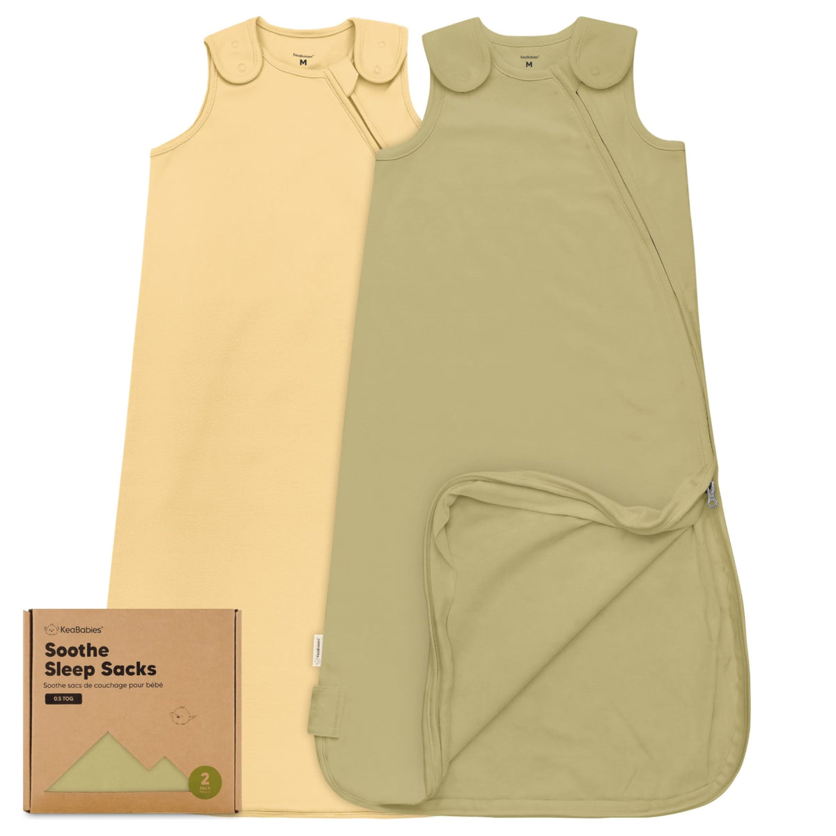 KeaBabies Avocado 2-Pack Sleep Sack flat lay highlights breathable organic cotton for year-round comfort.