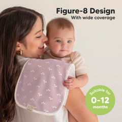 KeaBabies burp cloth with figure-8 shoulder coverage staying in place.