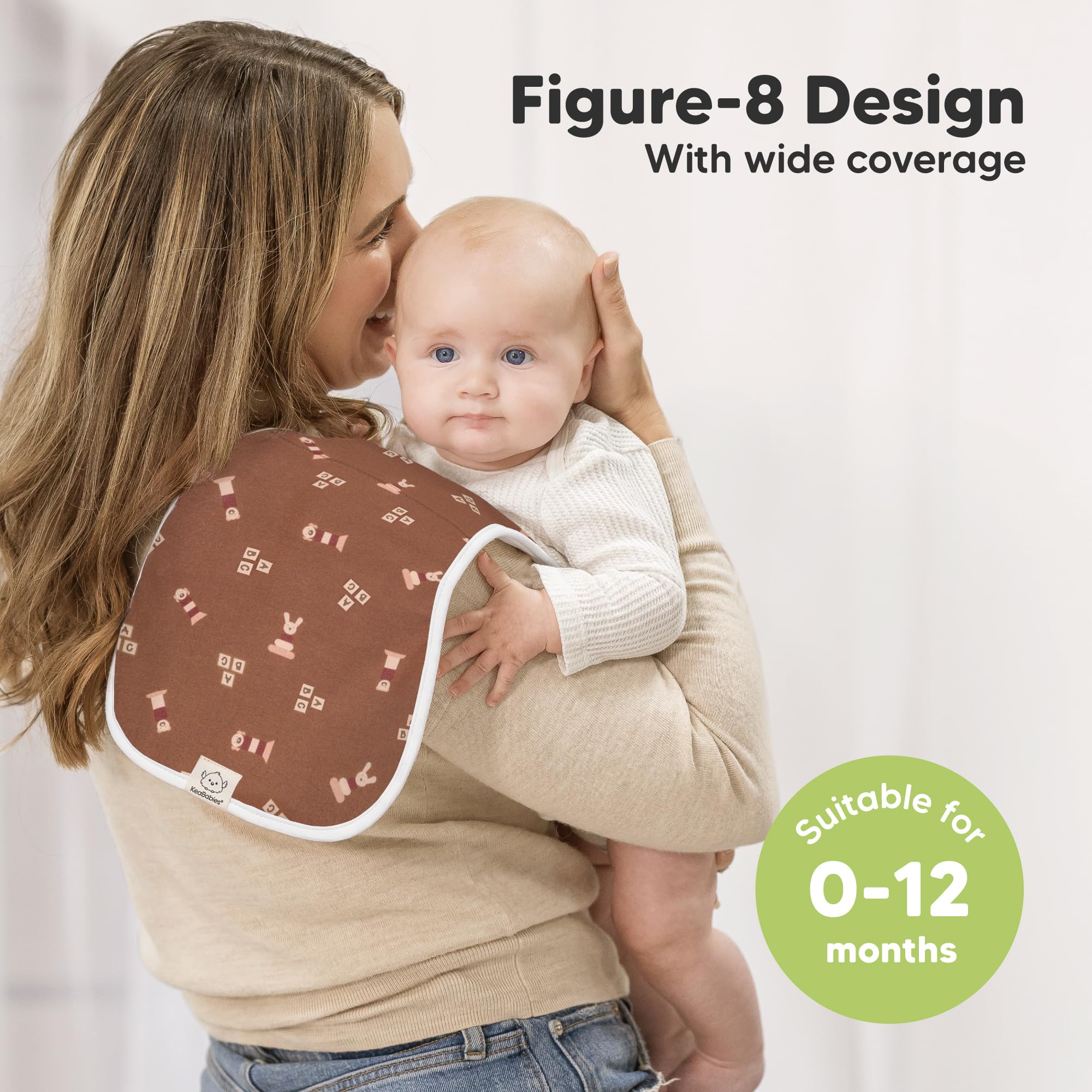 KeaBabies figure-8 coverage keeps burp cloths in place during feeds.