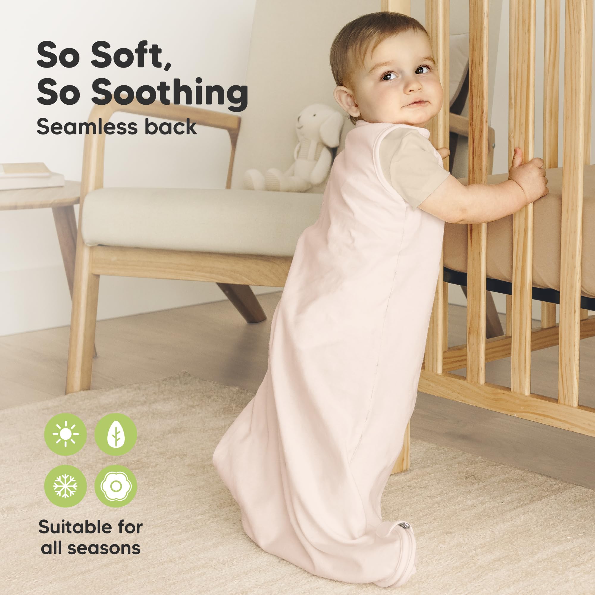 KeaBabies hip-area design sleep sack Mist Rose supports comfortable sleep.