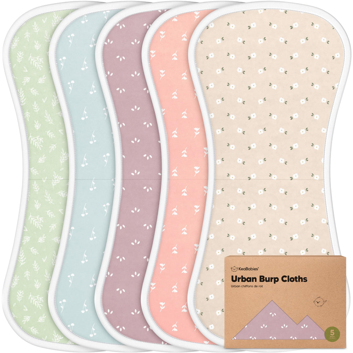 KeaBabies organic burp cloths five-pack neatly stacked for easy access.