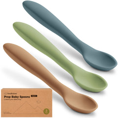 KeaBabies Desert silicone spoons with safe handle for self-feeding practice.