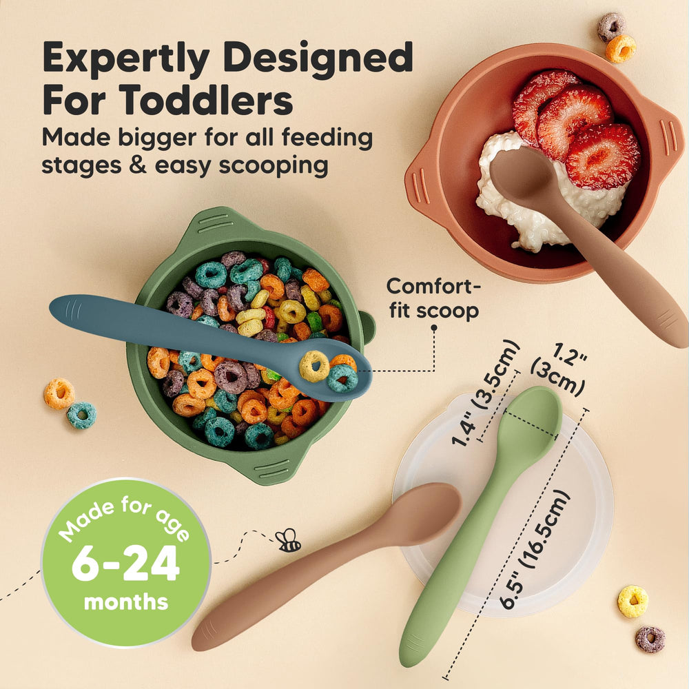 KeaBabies desert-color silicone spoons with bite-proof edges for teething gums.