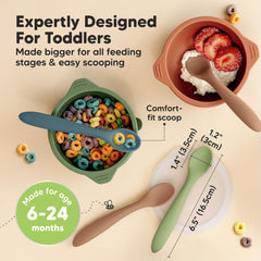 KeaBabies desert-color silicone spoons with bite-proof edges for teething gums.