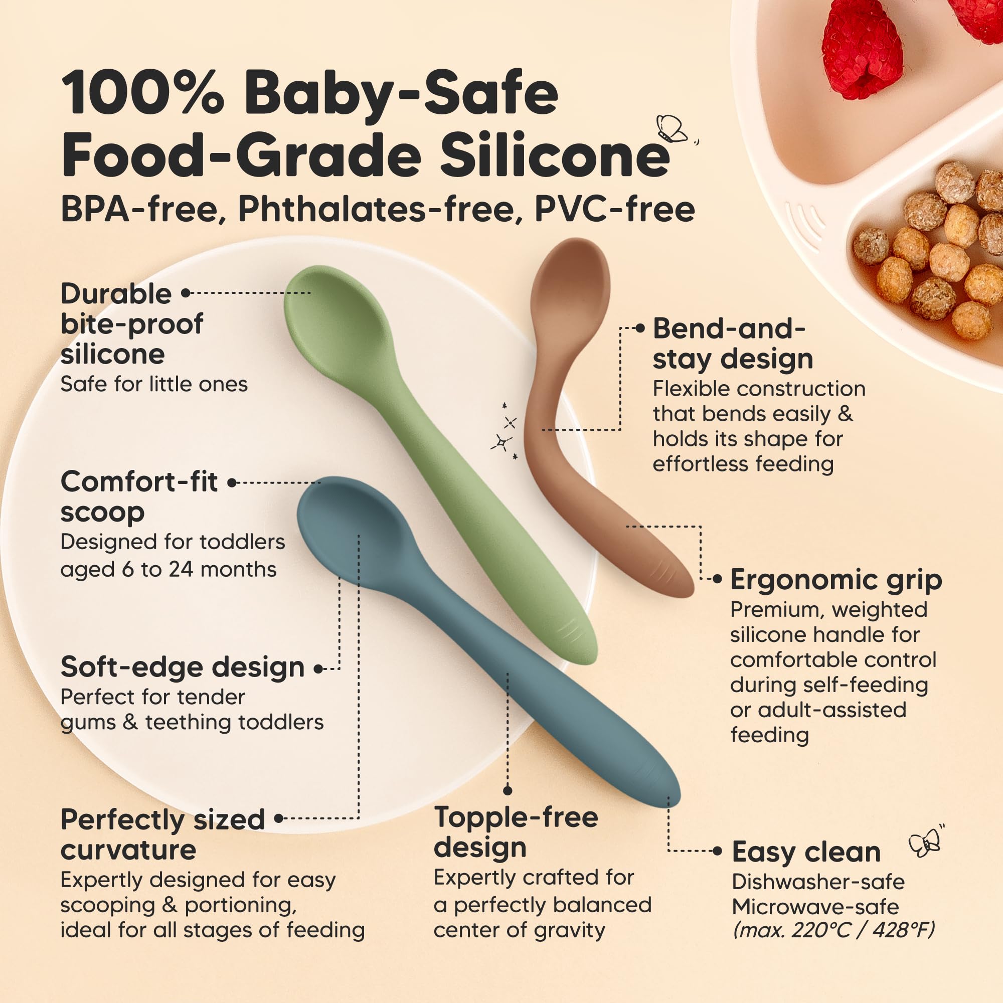 KeaBabies self-feeding spoons desert-tone with ergonomic grip for tiny hands.