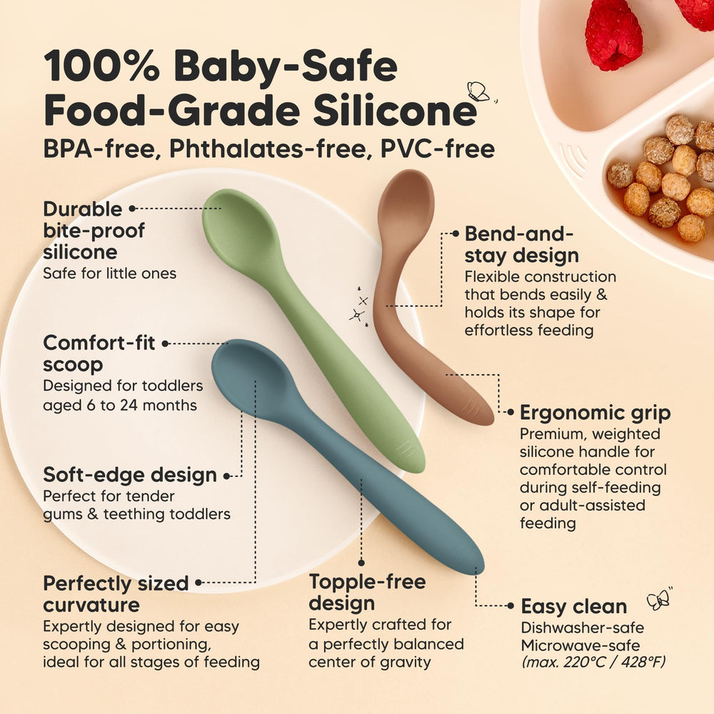 KeaBabies self-feeding spoons desert-tone with ergonomic grip for tiny hands.