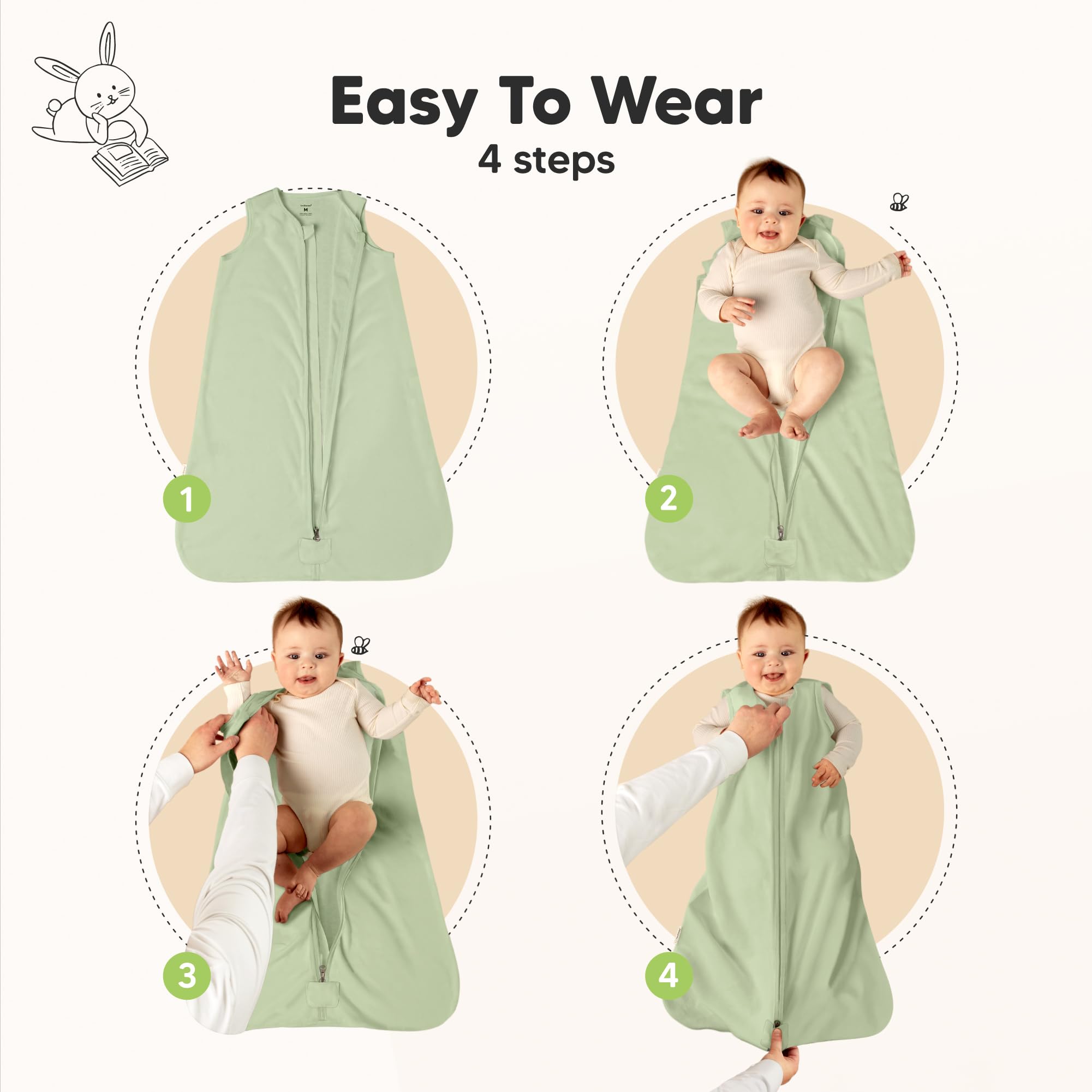 KeaBabies 2-way zipper guard sleep sack zipped closed for safe diaper changes.